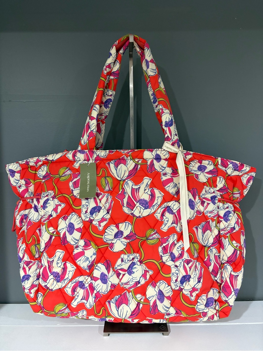 Vera Bradley Red Floral Quilted Tote with Purple Accents